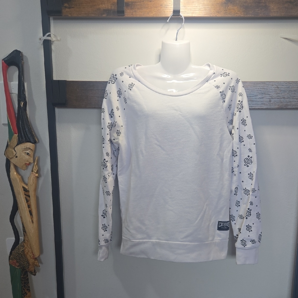 Crooks & Castles White Sweatshirt with Black Patterned Sleeves